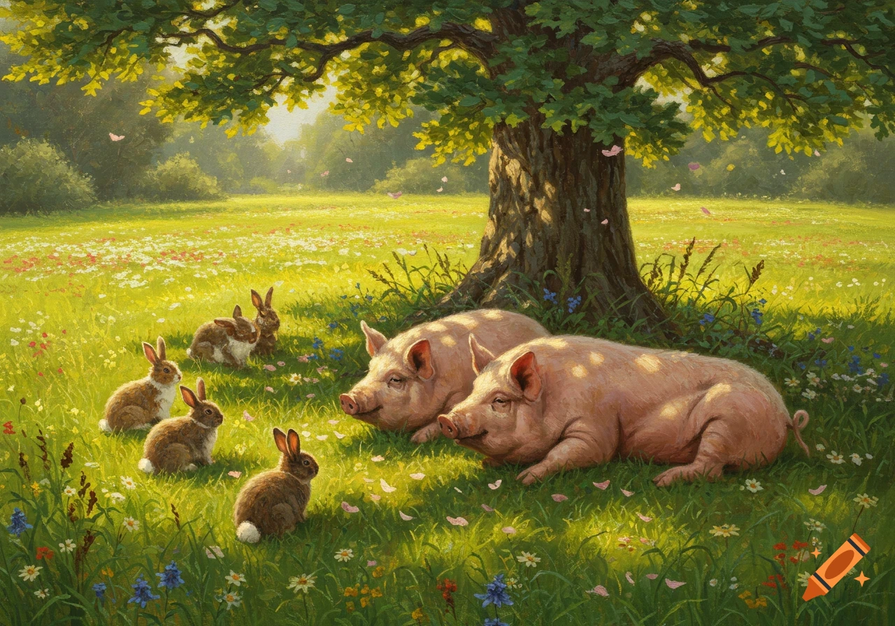 Two pigs and several fluffy bunnies in a sunny, wildflower-filled field under a large tree, rendered in a painterly style.