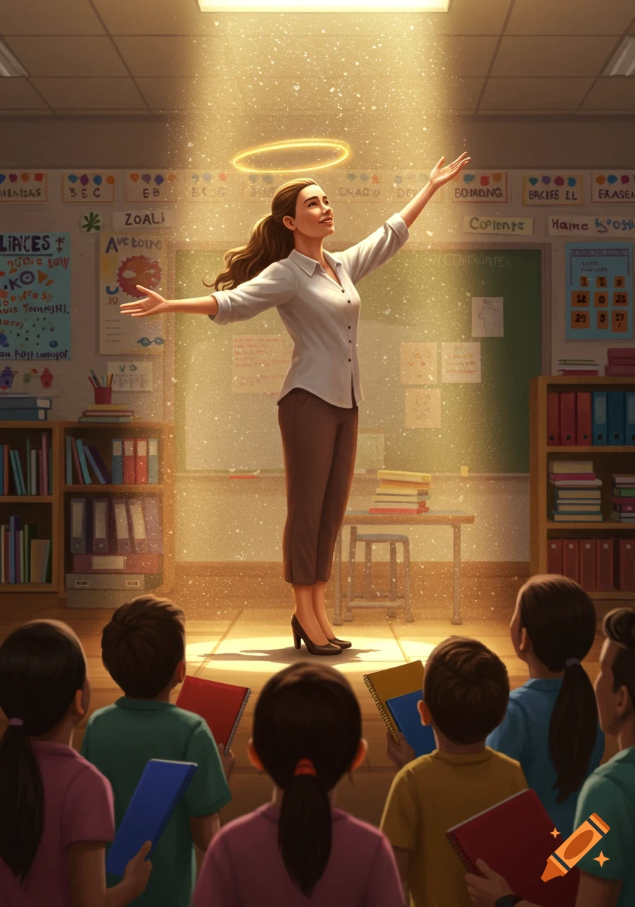 A glowing teacher with a halo stands in a classroom with outstretched arms before a group of students, bathed in golden light.