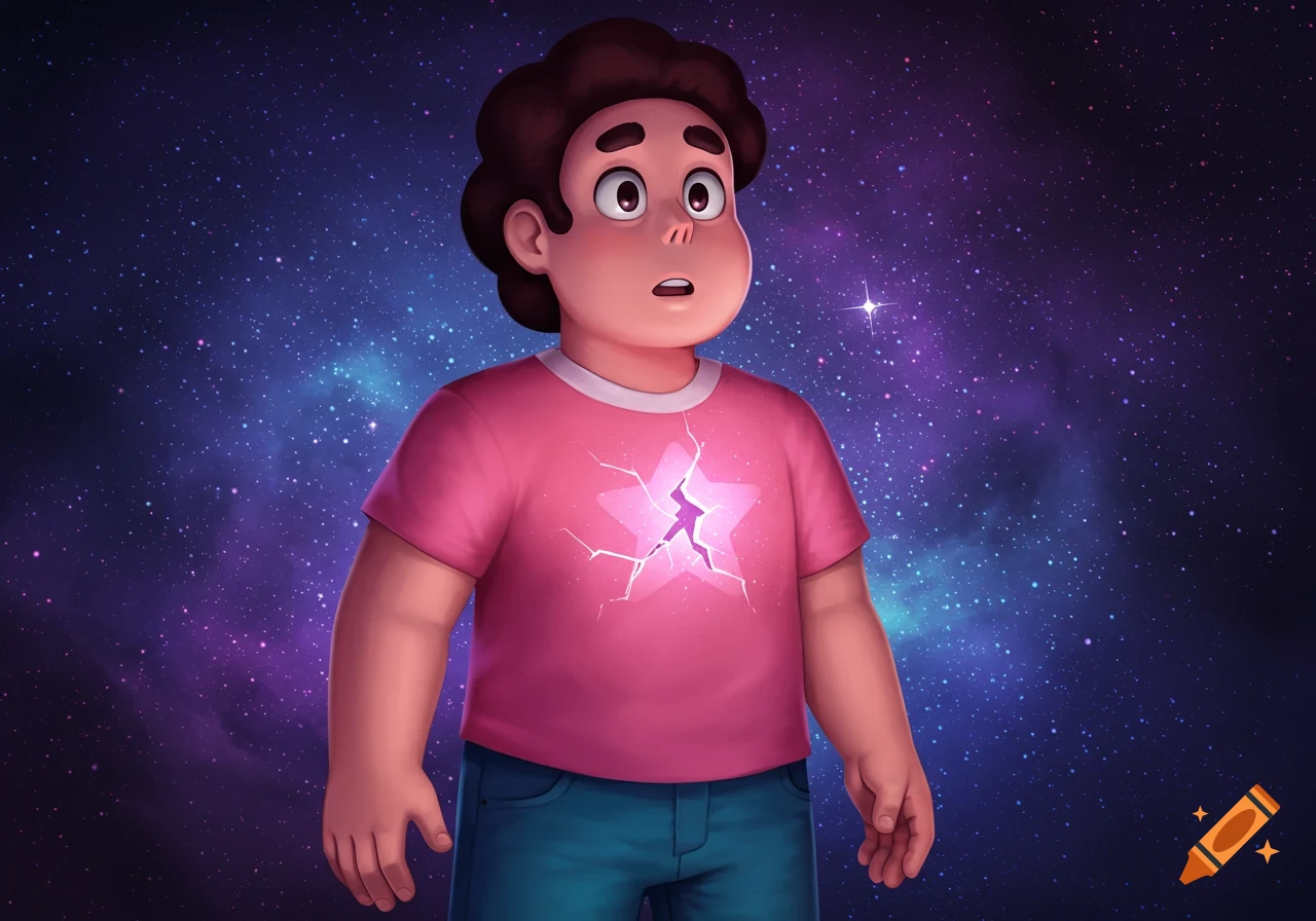 Steven Universe stands against a vibrant galaxy background, his pink shirt displaying a glowing, cracked star emblem.