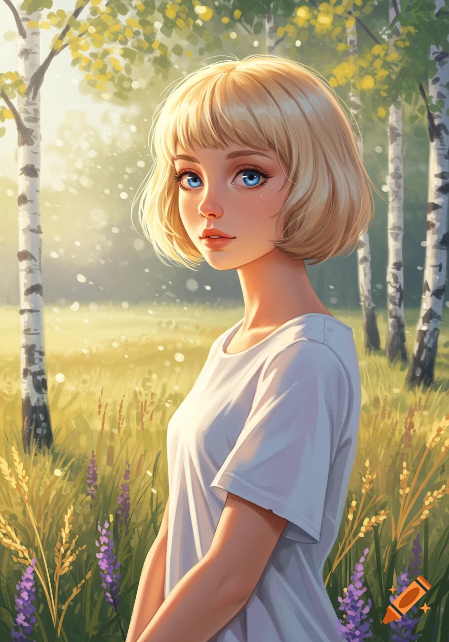 A stylized illustration of a blonde girl with short hair and blue eyes, wearing a white t-shirt, standing in a sunlit field with birch trees and purple flowers.