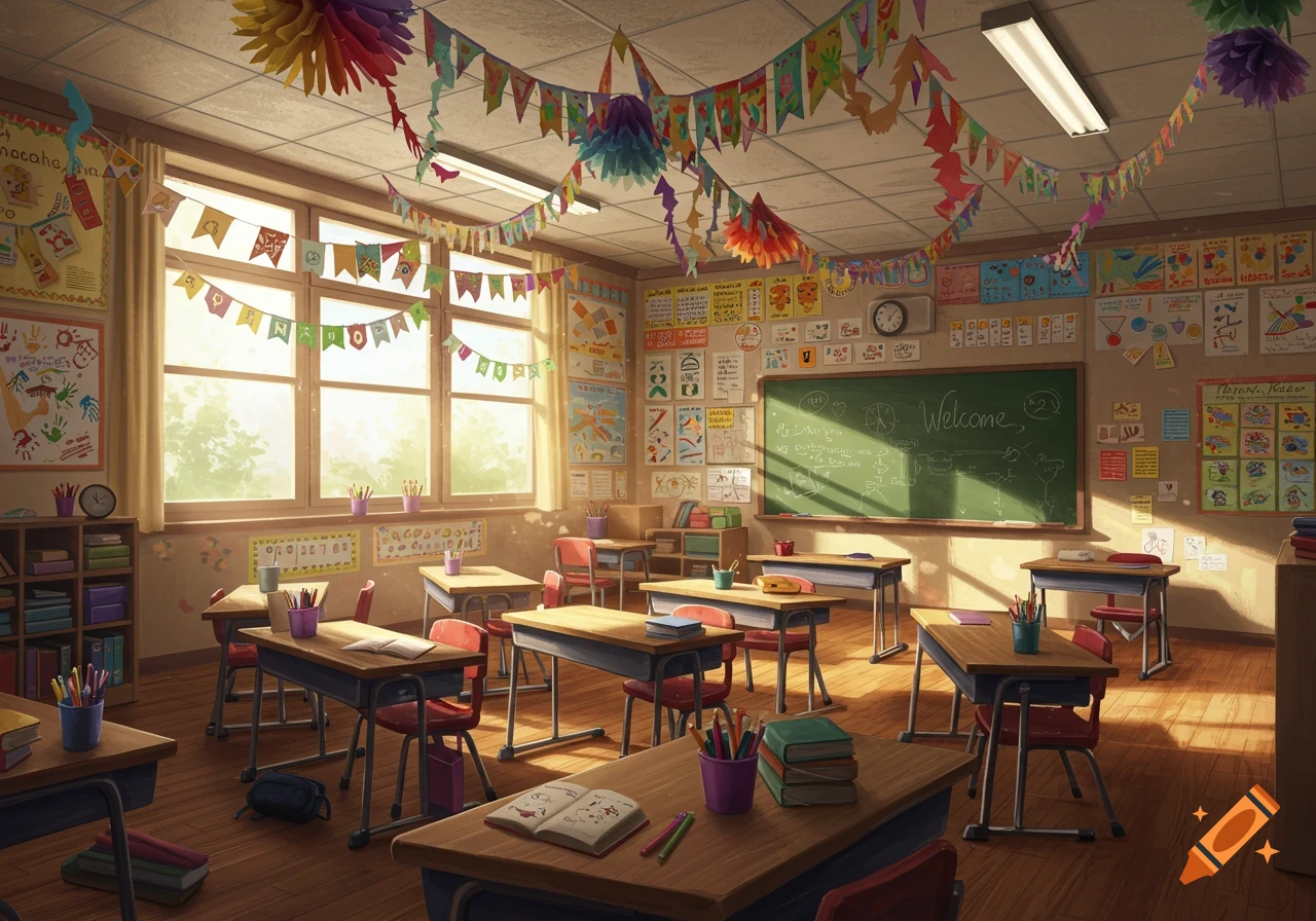 A brightly lit, decorated classroom with empty desks, a blackboard with 'Welcome' written on it, and colorful banners.