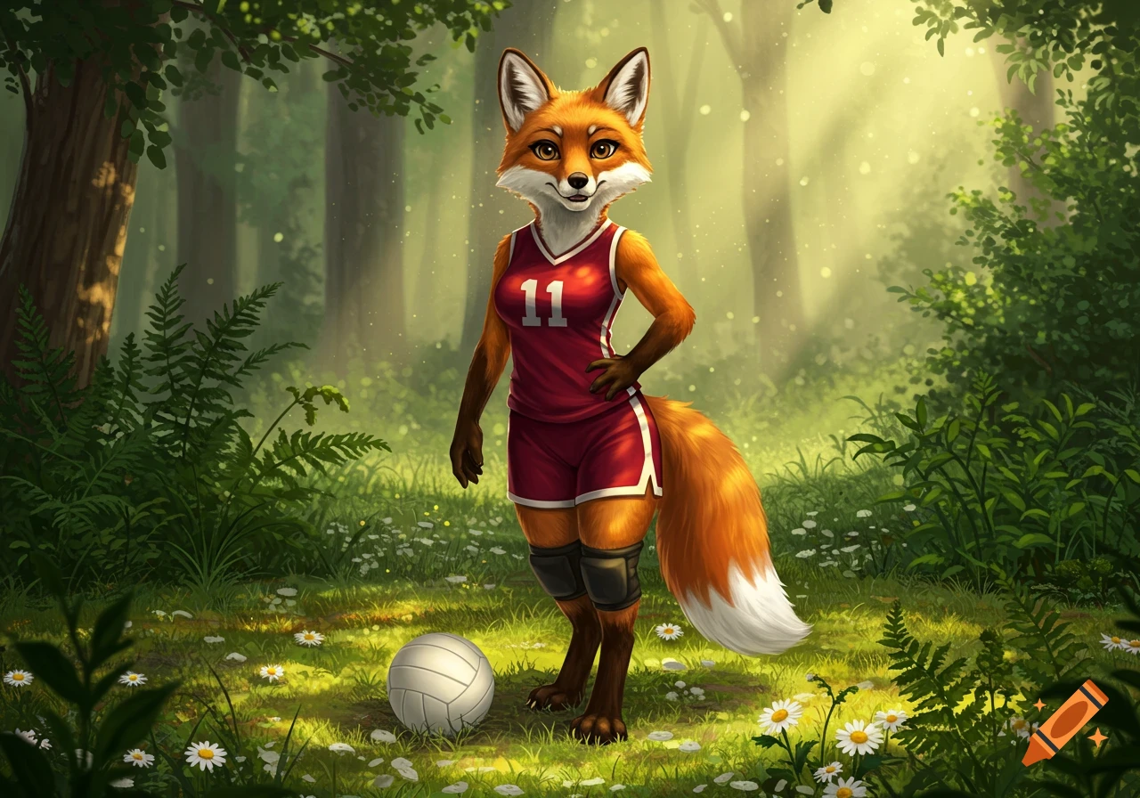 A cute anthropomorphic fox wearing a red number 11 volleyball uniform stands in a sunlit forest next to a volleyball.