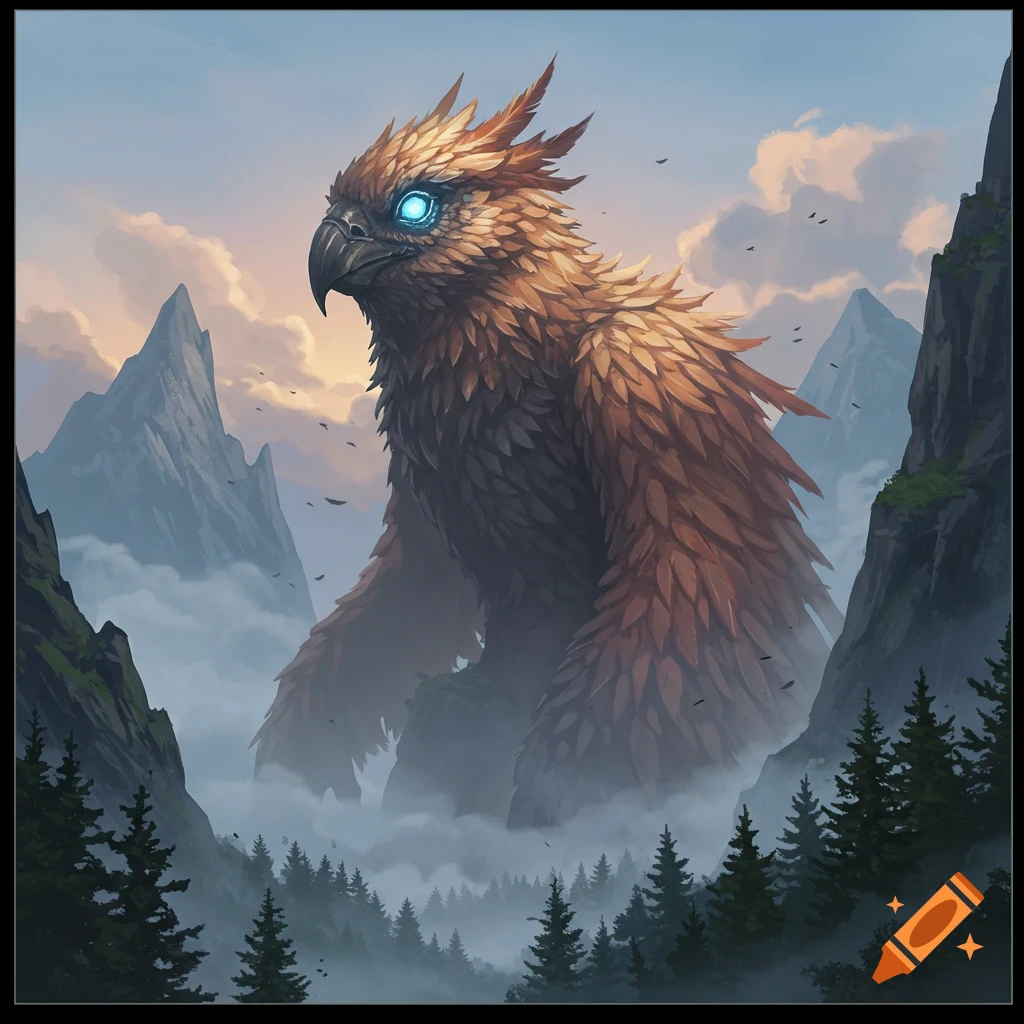 A massive, brown-feathered bird-like monster with glowing blue eyes stands in a misty mountain valley, surrounded by peaks and evergreen trees.