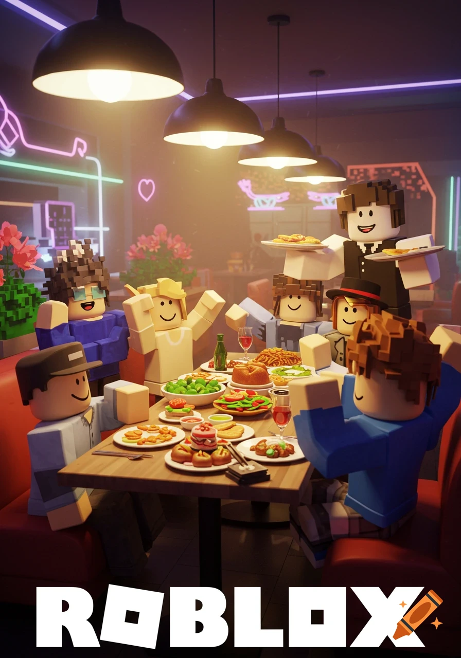 Roblox characters dining at a lively restaurant with a server bringing food to their table.