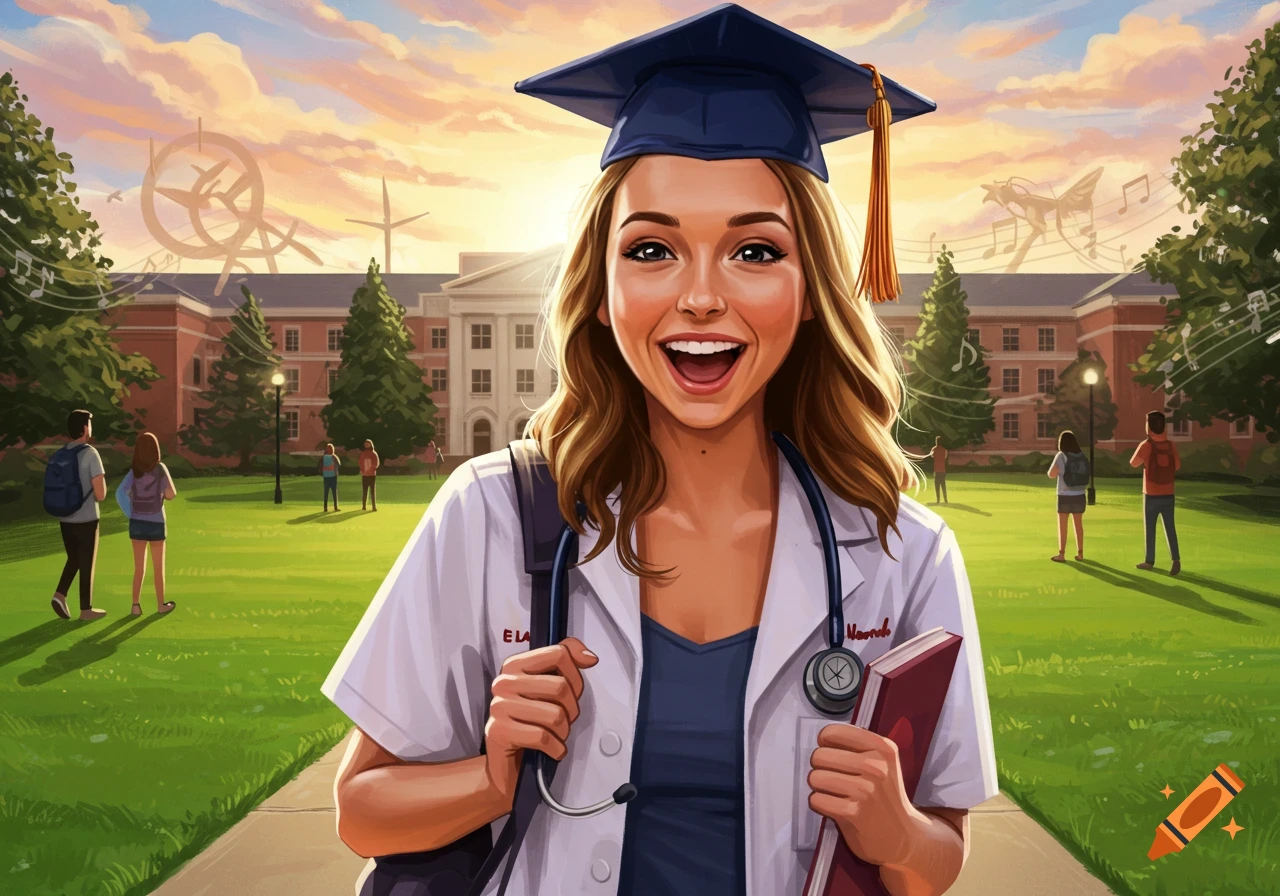 A cheerful woman in a graduation cap and lab coat smiles at a college campus at sunset, holding a book and backpack.