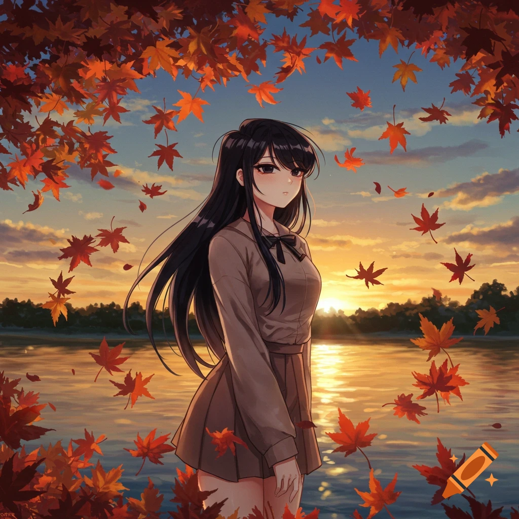 An anime girl with long black hair stands by a lake at sunset, surrounded by falling red and orange maple leaves.