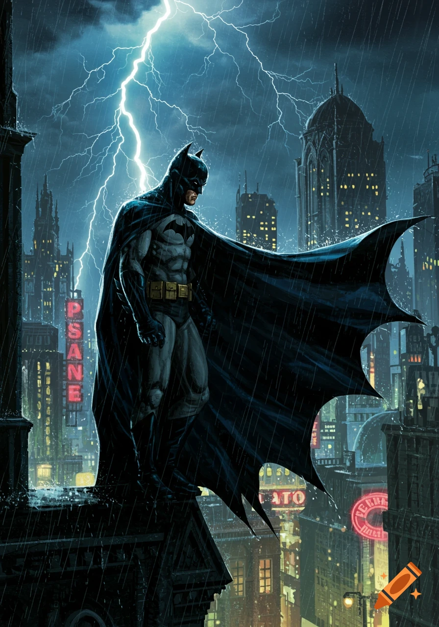 Batman stands on a rainy Gotham rooftop during a thunderstorm, lightning striking in the dark sky above a neon-lit city.