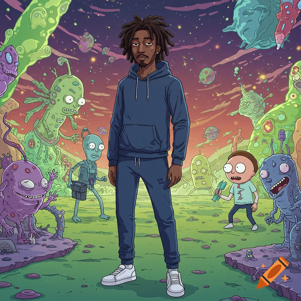 A Black man with dreads in a dark blue tracksuit and white sneakers stands on an alien planet with various cartoon aliens, including Morty, in a Rick and Morty style.