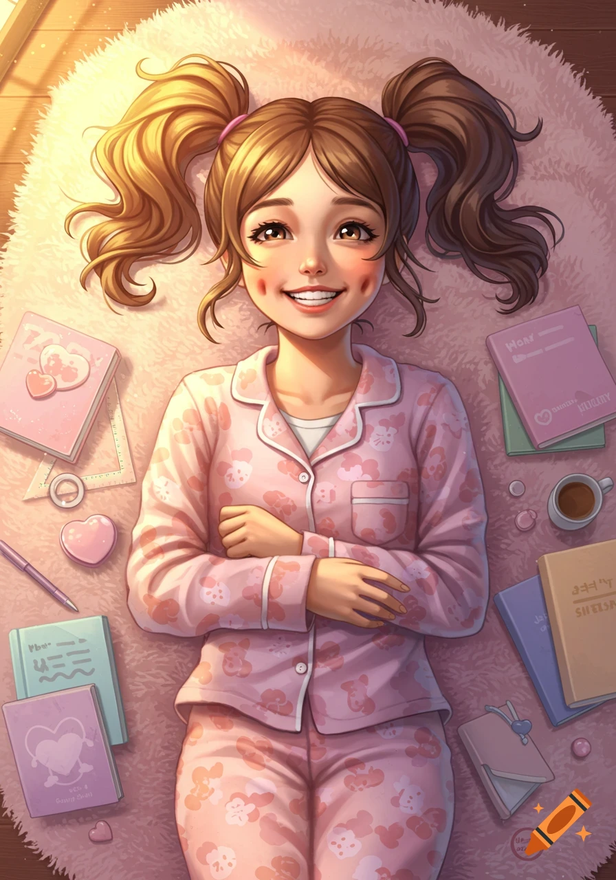A smiling cartoon girl with pigtails in pink pajamas lies on a fluffy pink rug surrounded by books and school supplies.