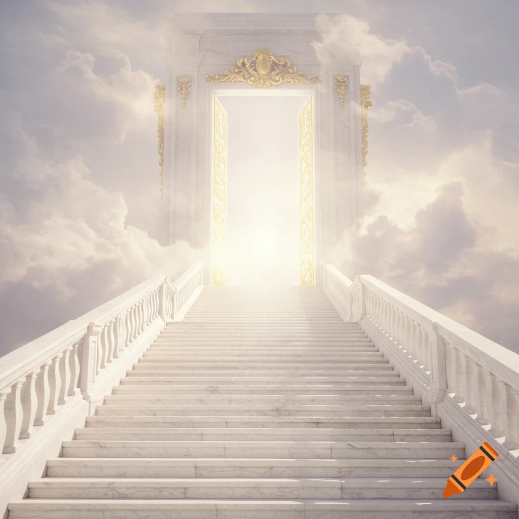 Long white marble staircase leading through clouds to an ornate golden gate with bright light.