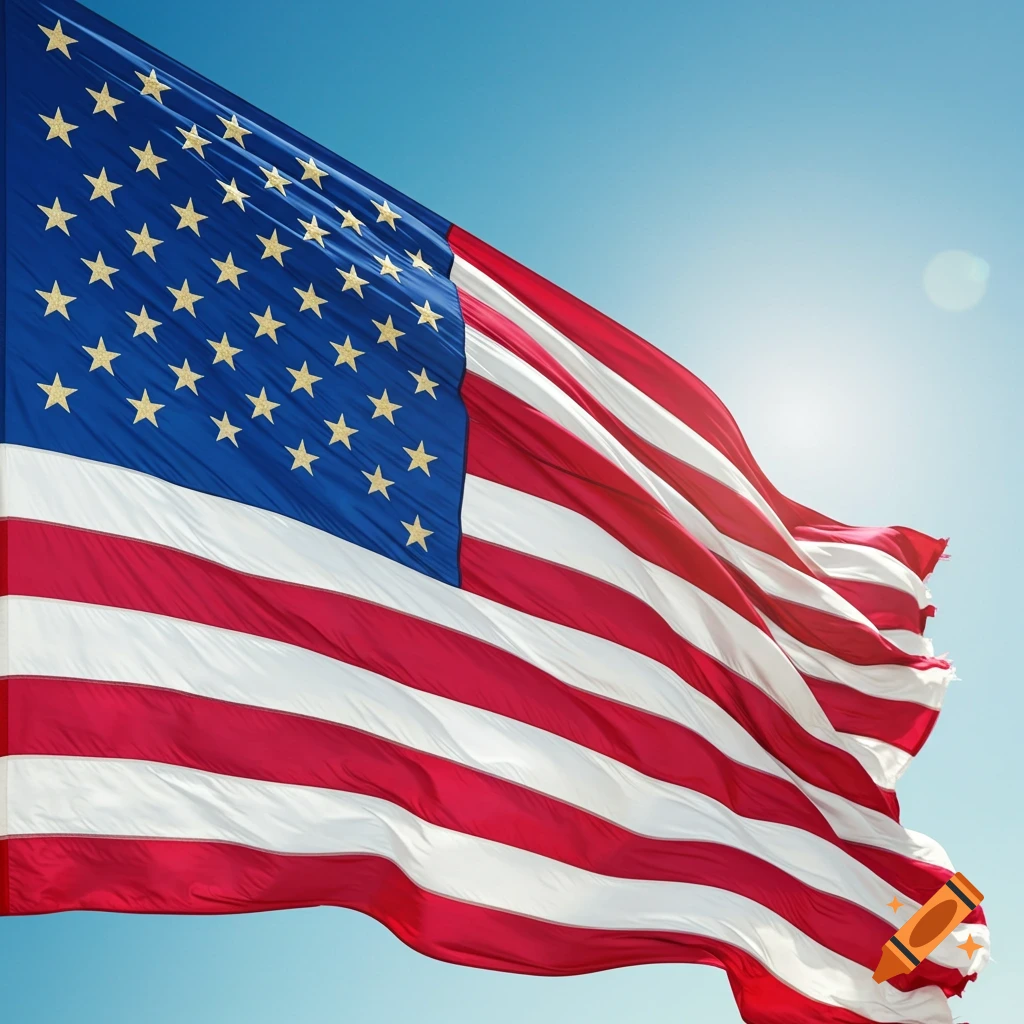 A close-up, photorealistic image of a US flag with gold stars waving against a bright blue sky with sun glare.
