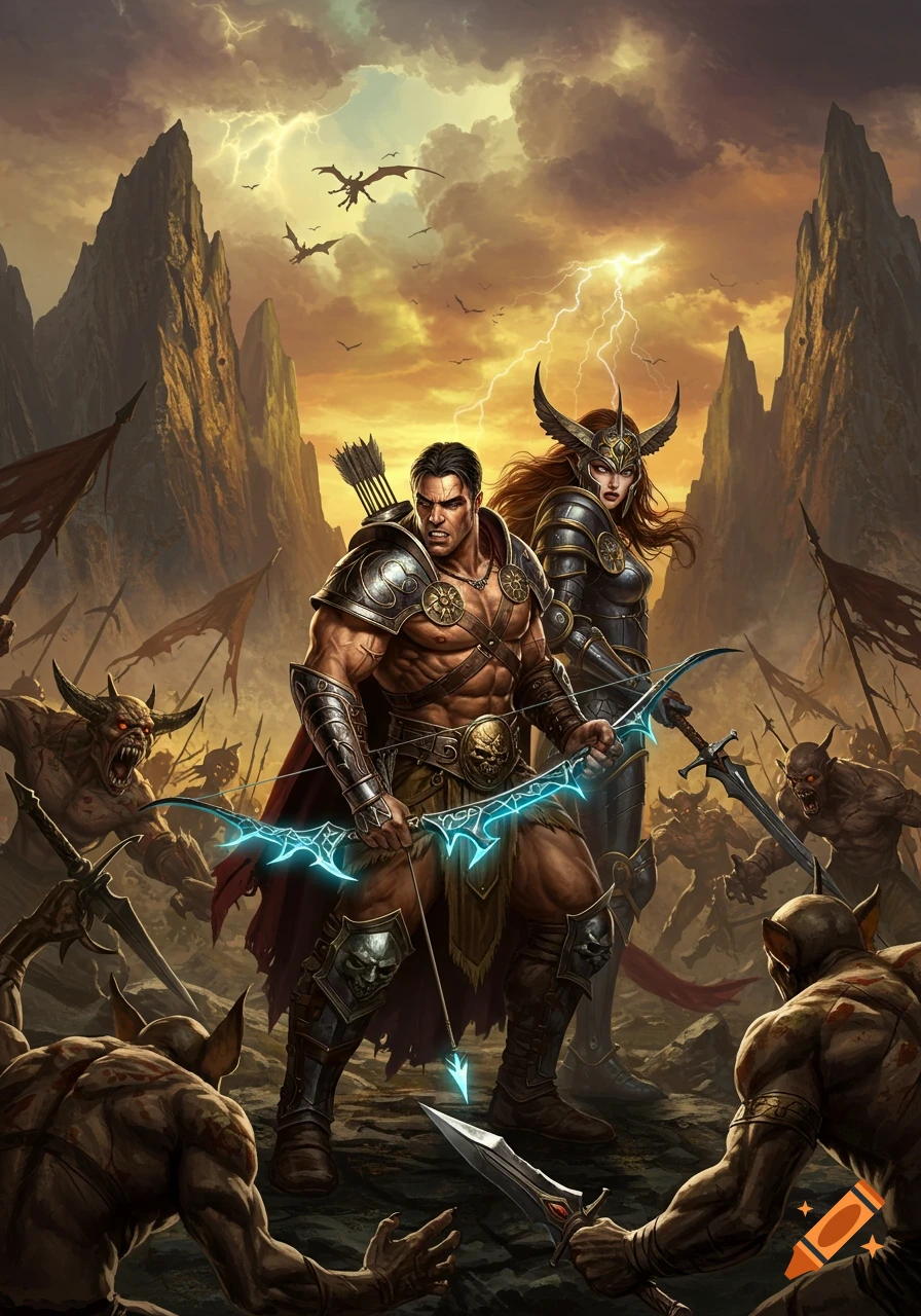 Fantasy warriors fight horned monsters on a dark, mountainous battlefield under a stormy sky with lightning and dragons.