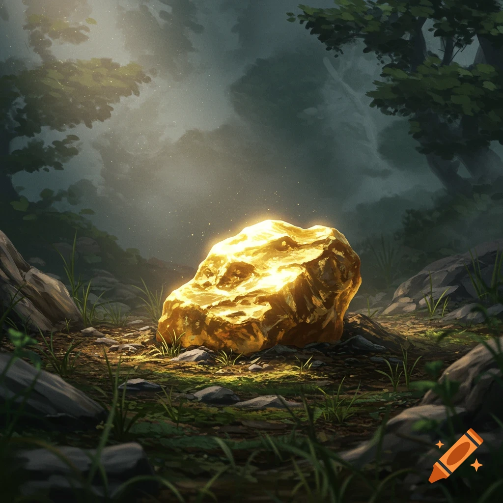A large, glowing gold nugget rests on a forest floor surrounded by rocks and grass, with trees in a misty background.