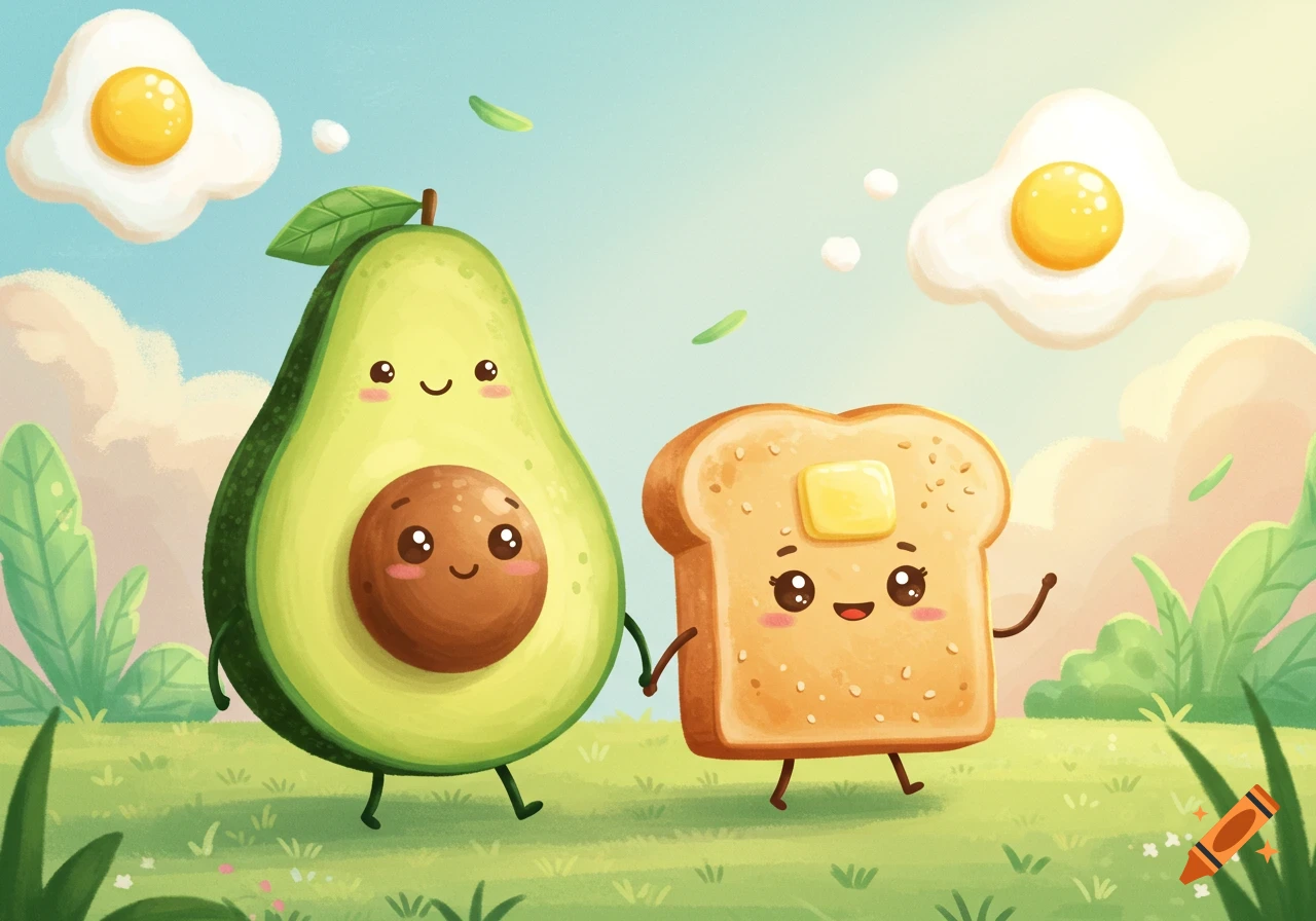 Cute watercolor illustration of a smiling avocado and toast walking hand-in-hand in a grassy field with fried egg clouds.
