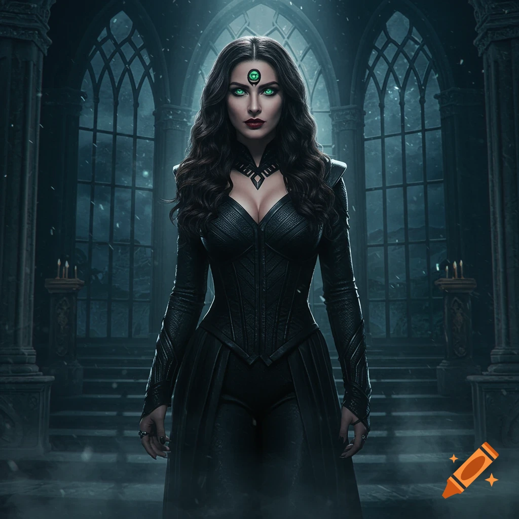 A dark-haired woman with three glowing green eyes and black attire stands in a gothic cathedral, snow falling outside.