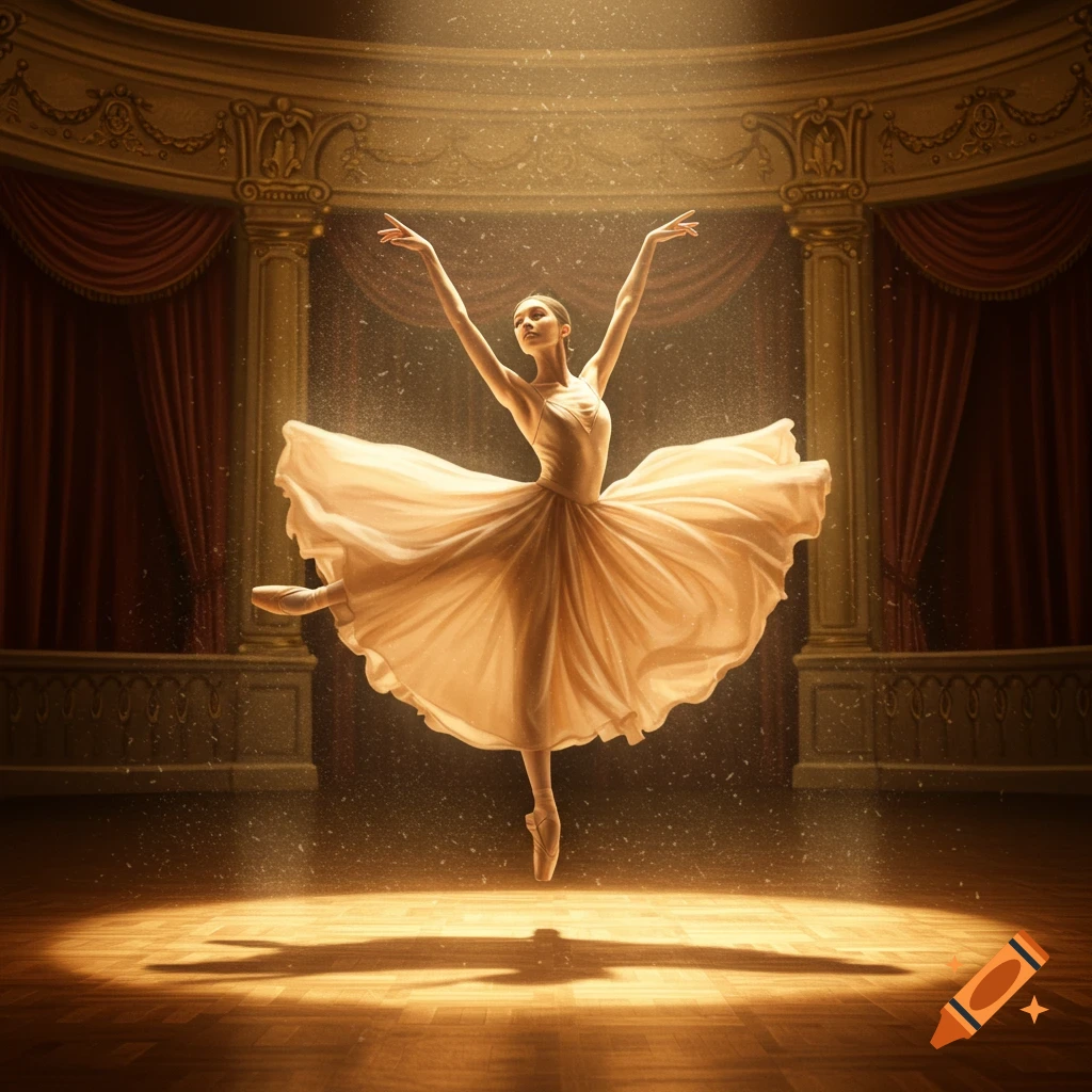 A ballerina in a flowing dress leaps on a spotlighted wooden stage, with red curtains and ornate balconies in the background.