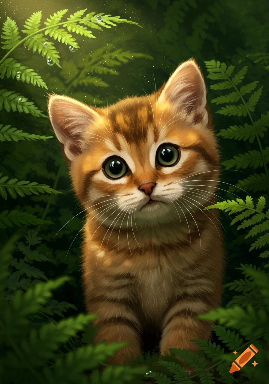 A cute golden-brown kitten with large green eyes peeking from behind lush green ferns in a digital painting.