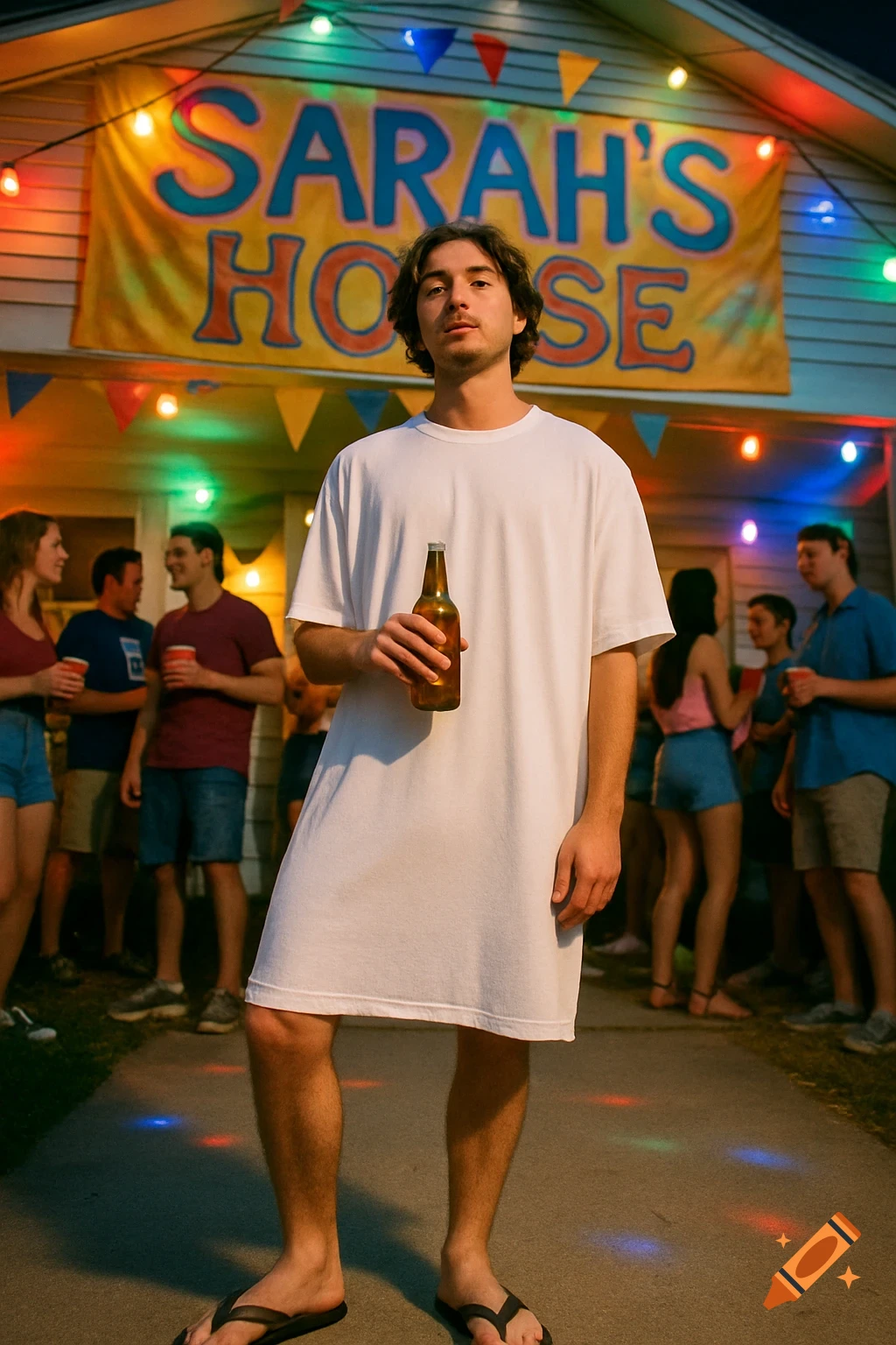 A man in an oversized white t-shirt and flip-flops holds a beer at a lively house party with a 'SARAH'S HOUSE' banner.