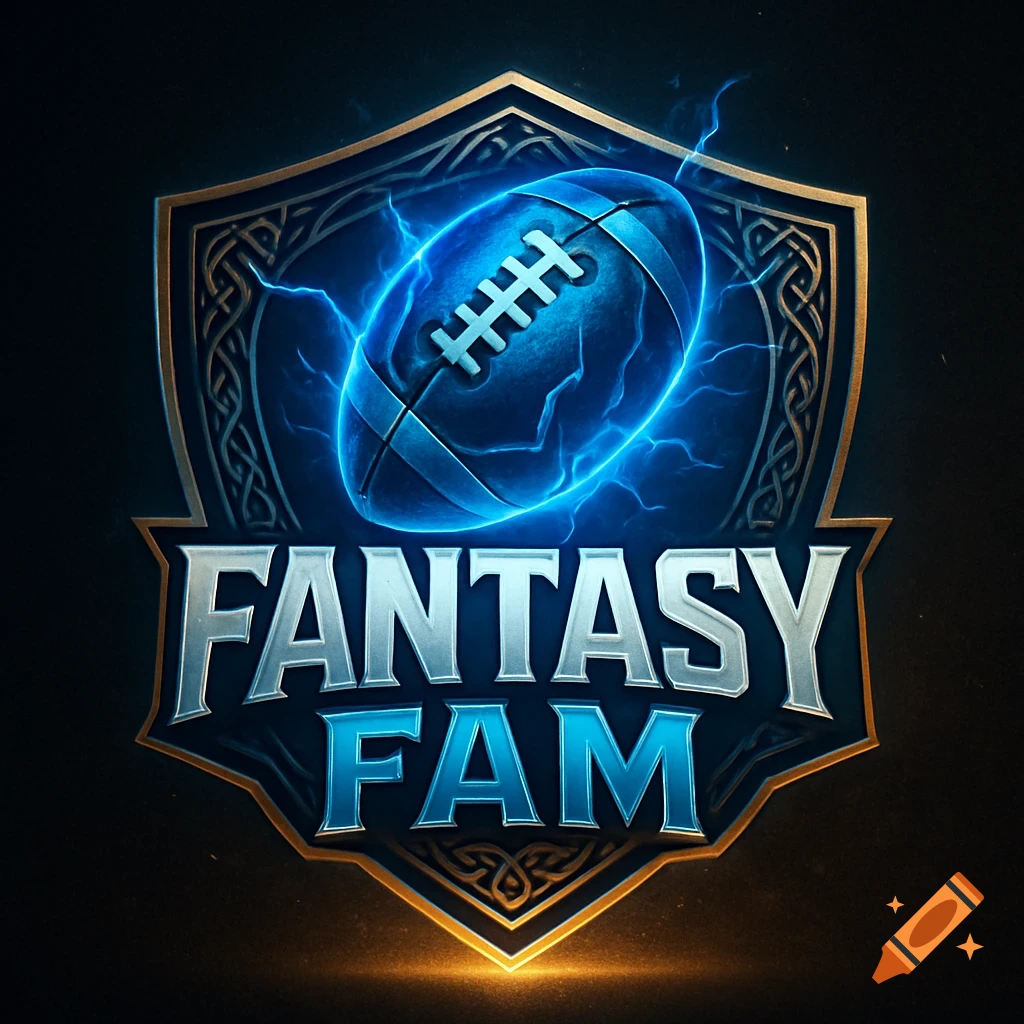 A blue and silver fantasy football logo with a football surrounded by lightning, and the words 'FANTASY FAM' on a shield.