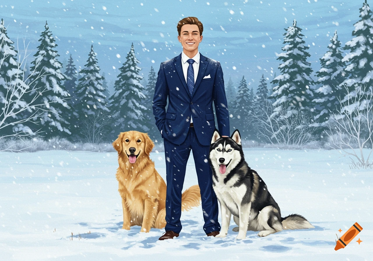 Illustration of a smiling young man in a blue suit standing between a Golden Retriever and a Husky in a snowy winter forest.