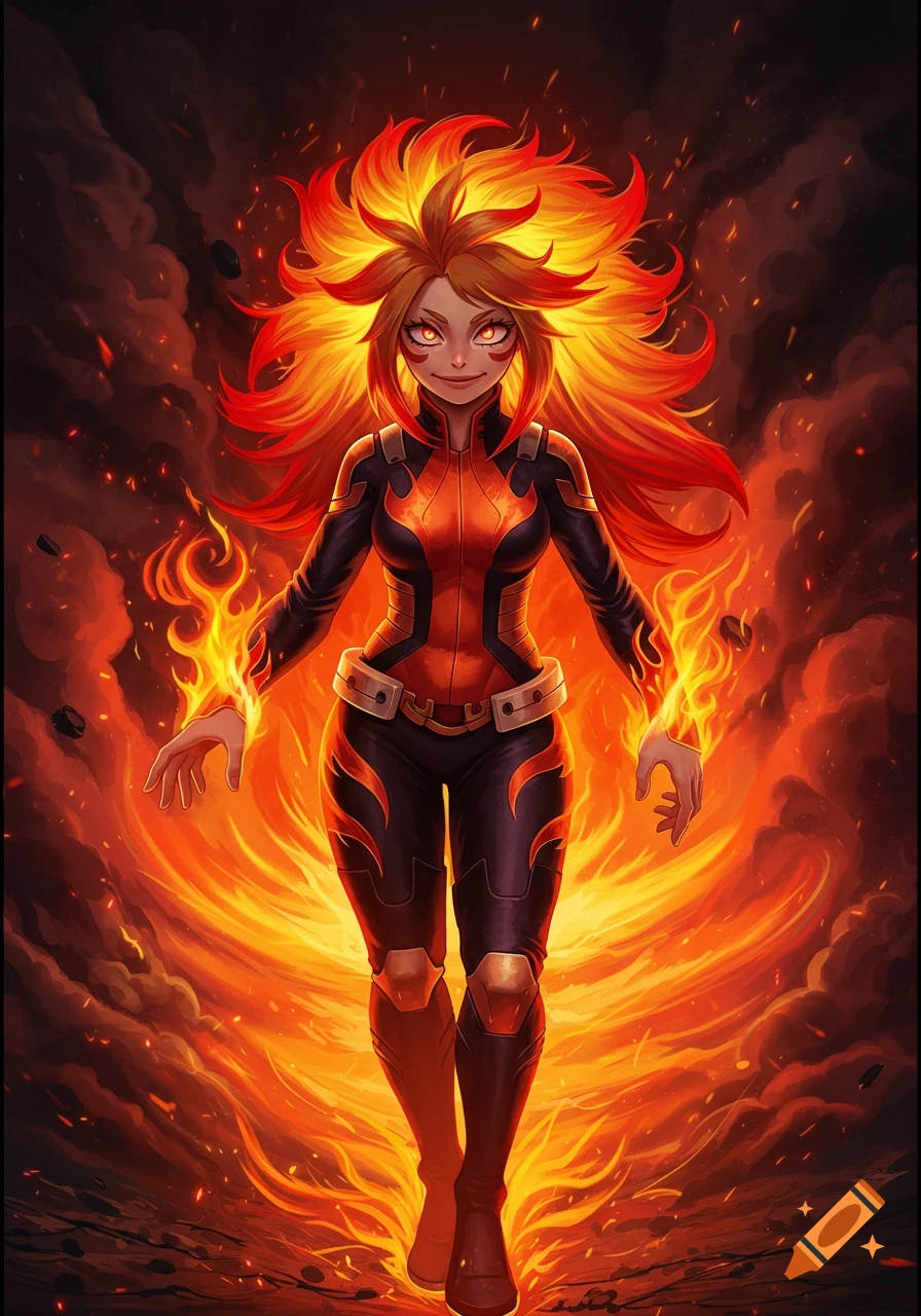 An anime-style girl with fiery red and yellow hair, glowing eyes, and a black and orange suit stands in a swirling inferno.