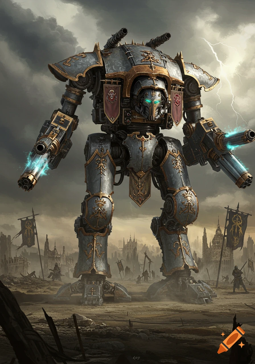 A massive, ornate Imperator Class titan stands in a ruined city under a stormy, lightning-filled sky, with smaller figures and banners in the background.