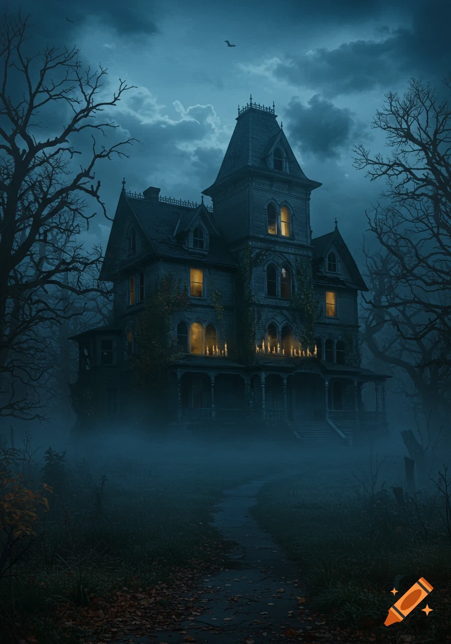 A creepy, old Victorian mansion with glowing windows sits in a misty, dark forest at night, with bare, gnarled trees.