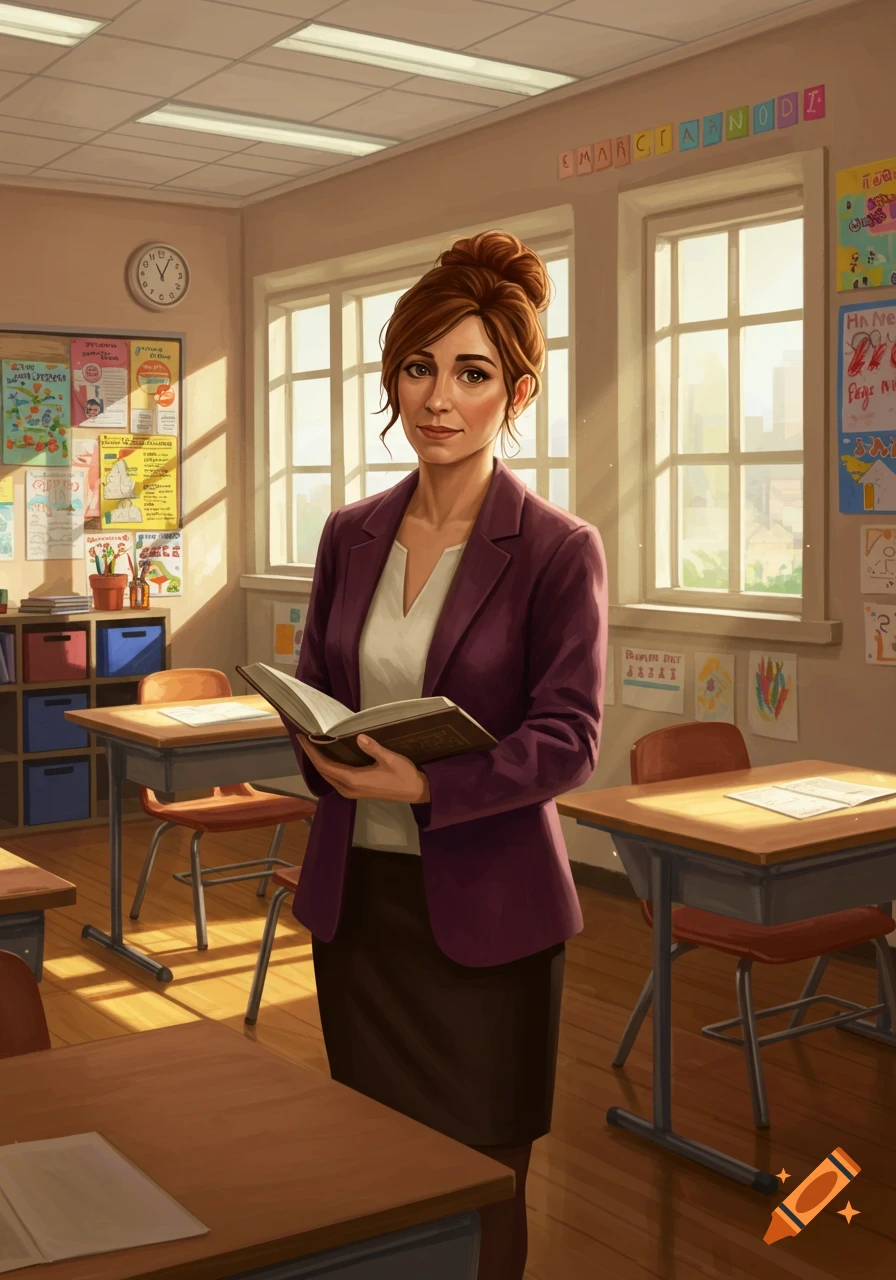 A female middle school teacher with reddish-brown hair in a plum blazer holds an open book, standing in a brightly lit classroom.