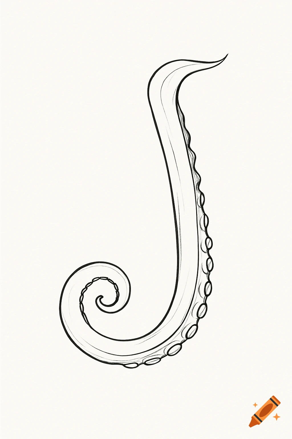 Black line drawing of an octopus tentacle shaped like the letter J on a white background.