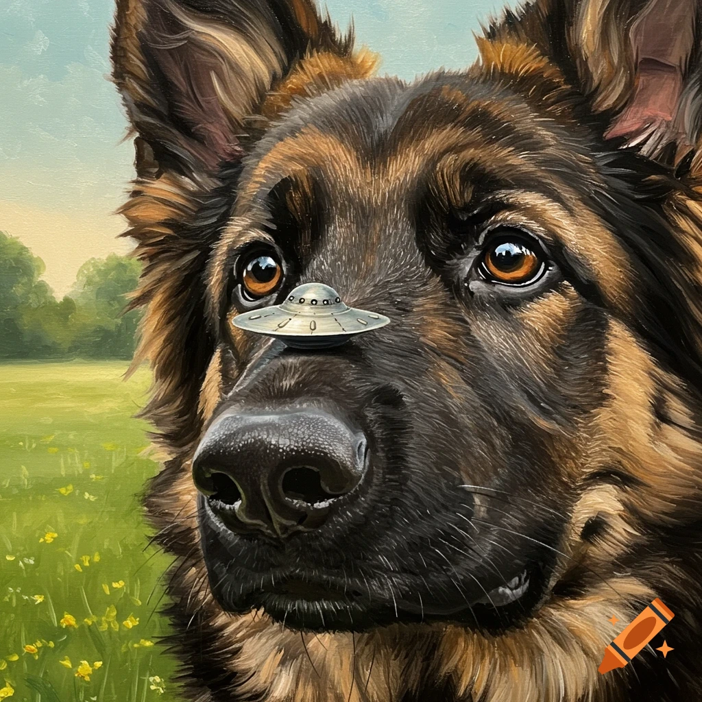 A close-up textured oil painting of a German Shepherd dog with a tiny flying saucer sitting on its nose in a grassy field.