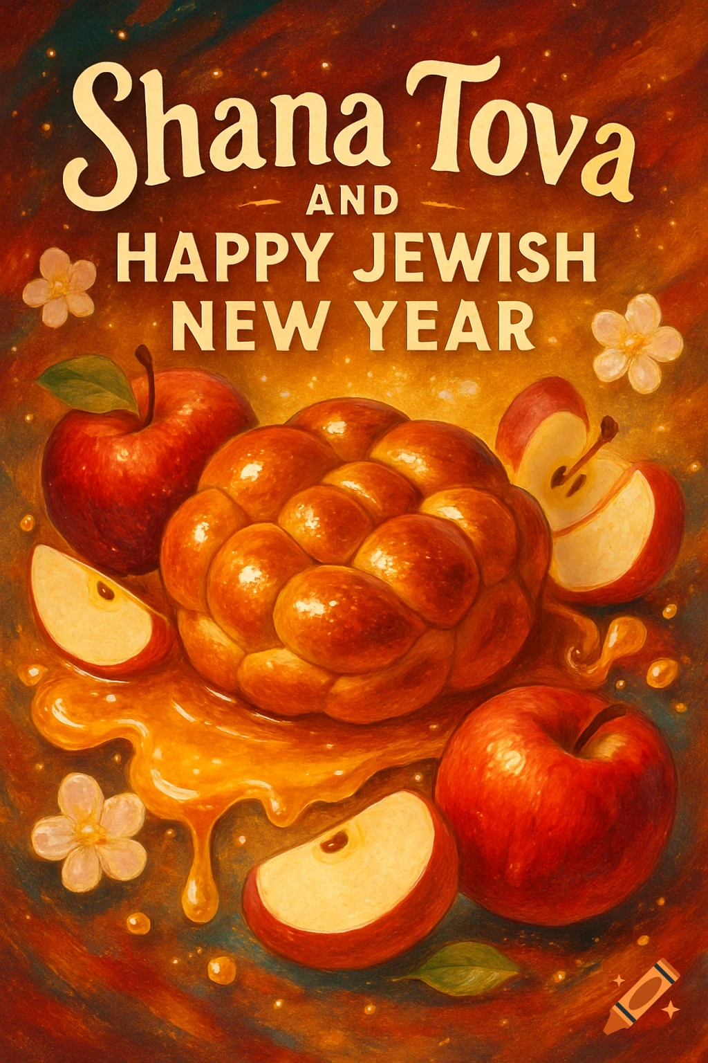 Vibrant illustration of round challah, red apples, and dripping honey, with 'Shana Tova and Happy Jewish New Year' text.