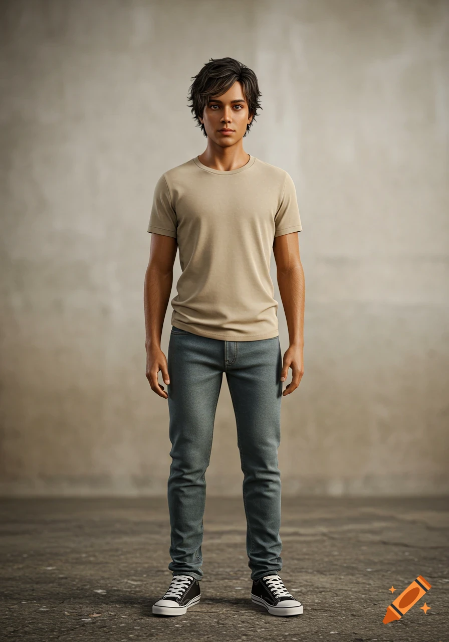 A photorealistic full-body portrait of a young man with dark brown hair, wearing a neutral t-shirt, jeans, and sneakers, standing against a blurred gray wall.