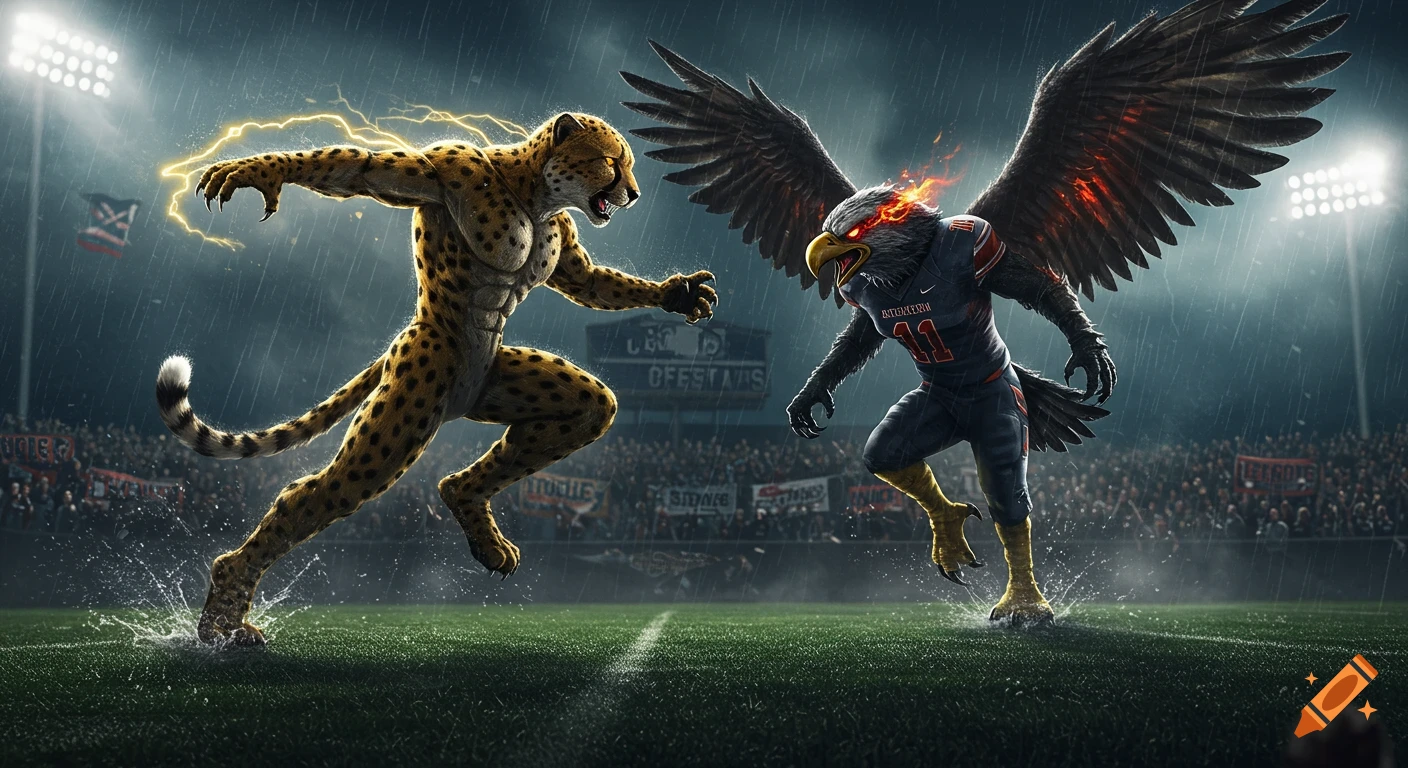 Hyper-realistic cheetah mascot with lightning and eagle mascot with fiery wings battle on a rainy football field at night.