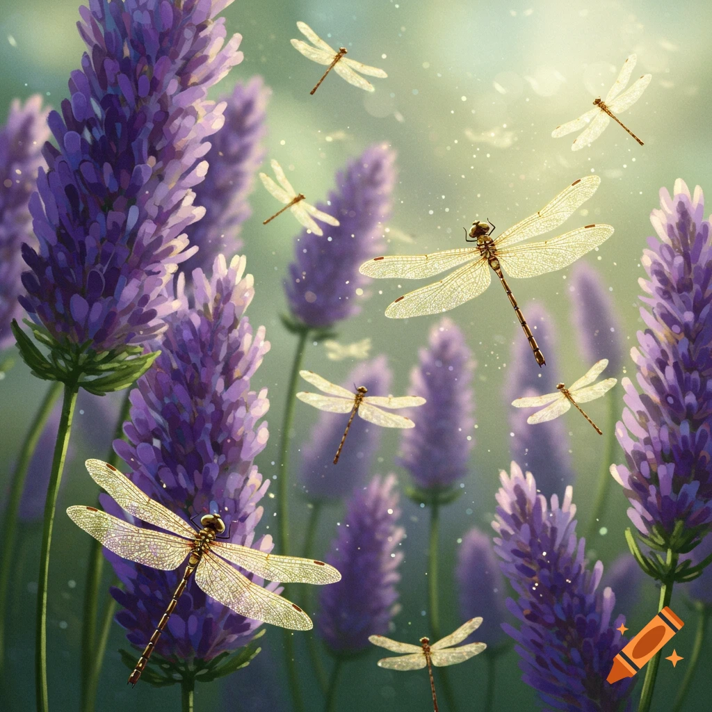 Luminous digital painting of several dragonflies with translucent wings flying amidst vibrant purple lavender flowers.
