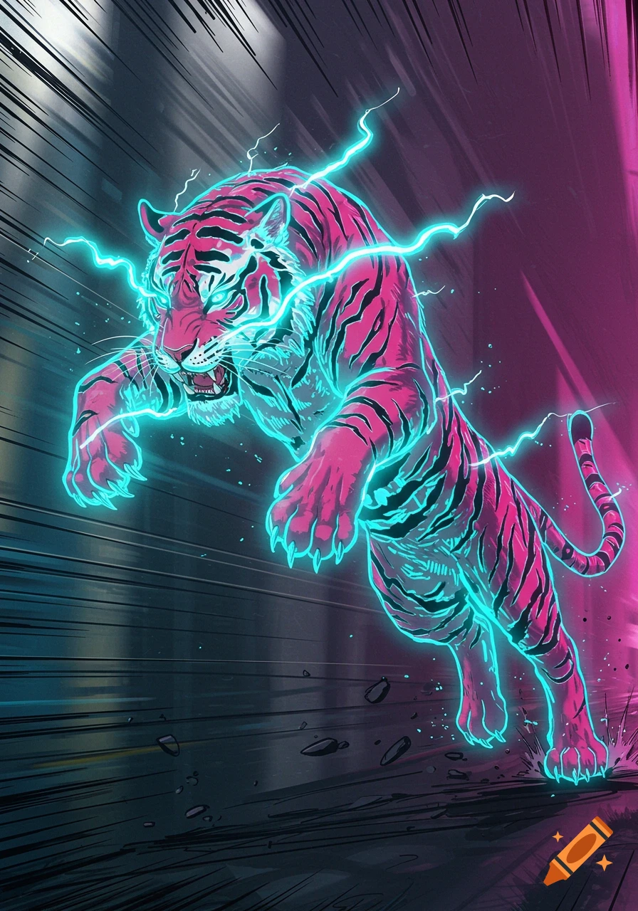 A vibrant pink and black striped tiger, outlined in bright blue electricity, leaps forward in a manga comic style against a dynamic dark background.
