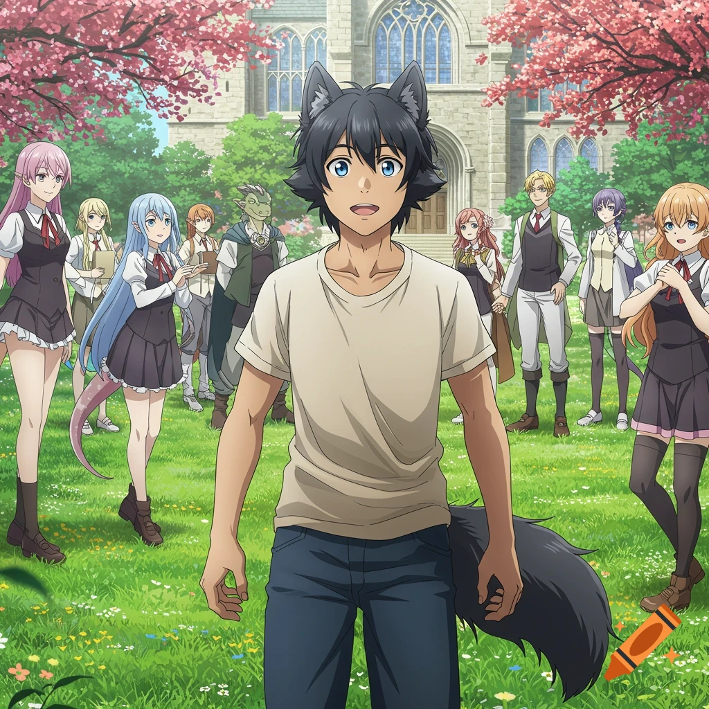 An anime scene of a young man with wolf ears and tail in casual clothes, standing in a grassy field in front of a medieval school building. Other students, including those with fantasy features, are in the background.