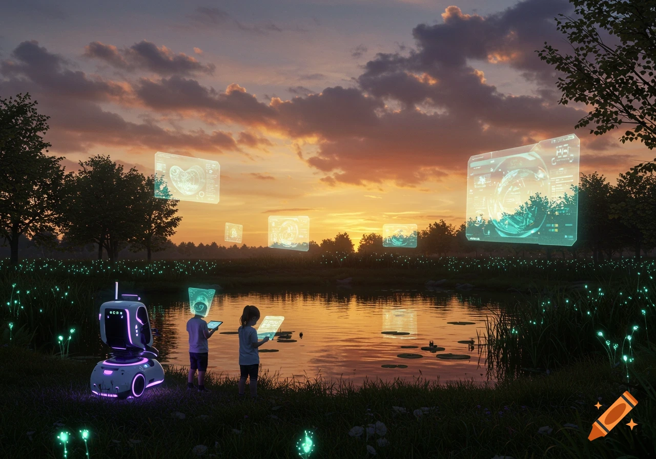 Two children and a robot stand by a pond at sunset, interacting with glowing holographic displays in a tranquil, futuristic nature scene.