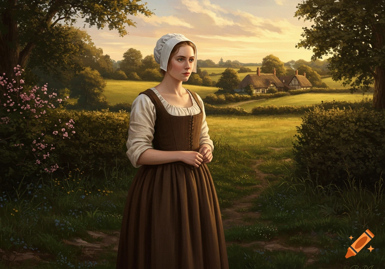 A young peasant woman in a brown dress and white cap stands on a dirt path in a lush, sunset-lit rural landscape with cottages, in a realistic painting.