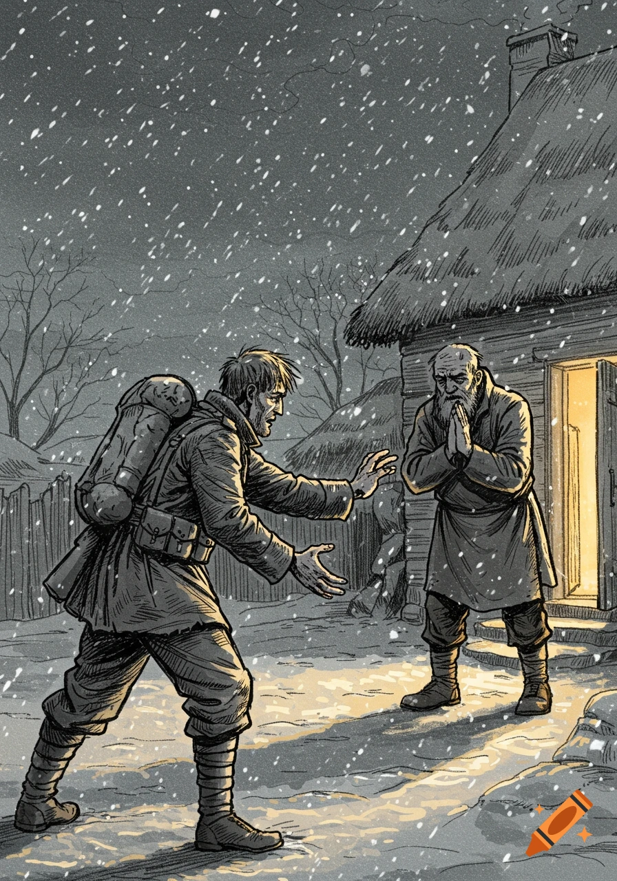 An illustrated scene of a soldier reaching out to an old man in the doorway of a snowy, rustic cottage at night.
