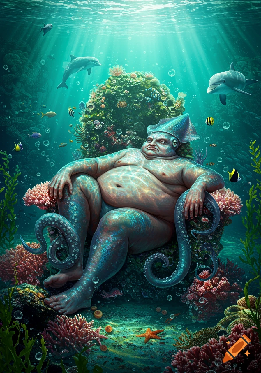A portly, grumpy squid-man with tentacled legs and a squid hat sits on a coral throne underwater, surrounded by fish and dolphins.