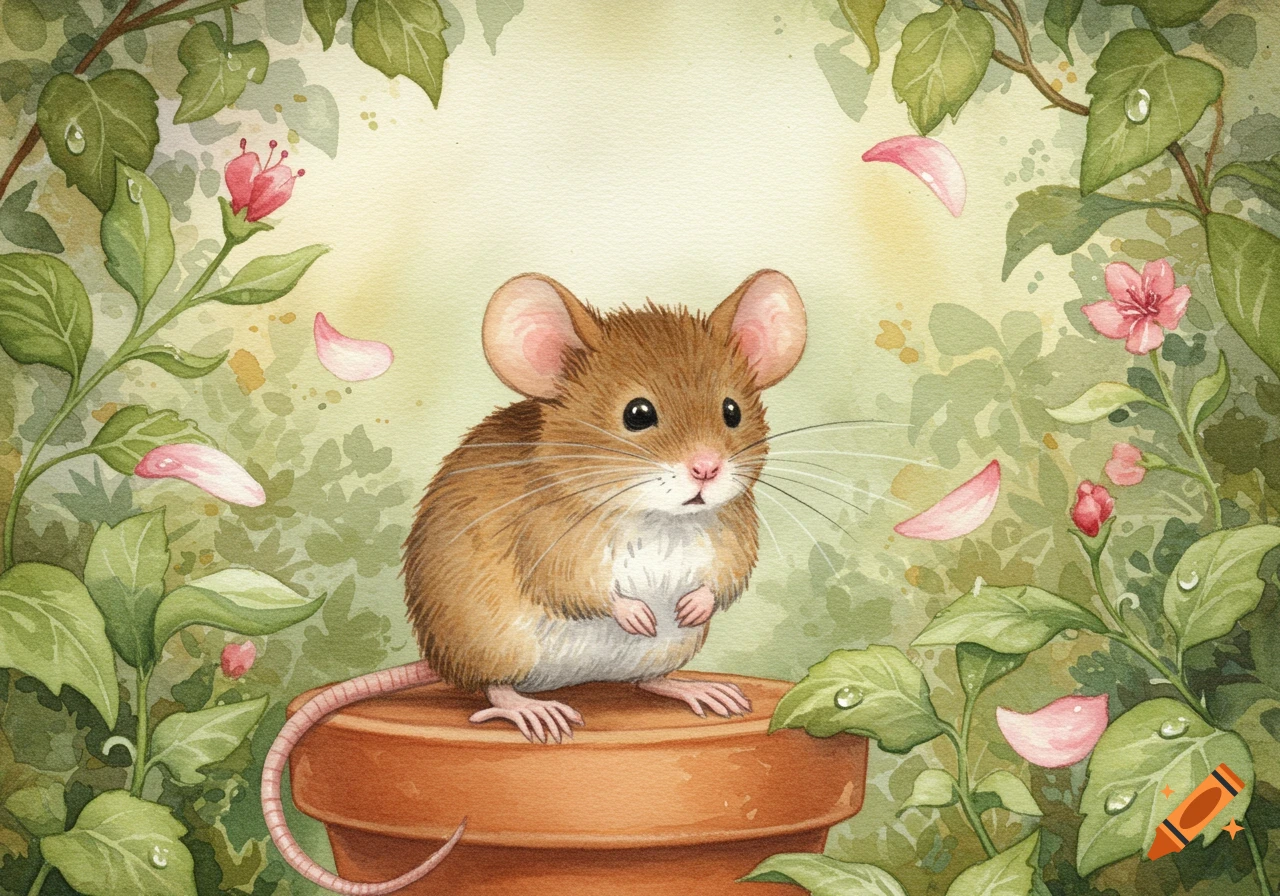 A cute brown mouse sits on an orange pot, surrounded by green leaves and pink flower petals in a watercolor illustration.