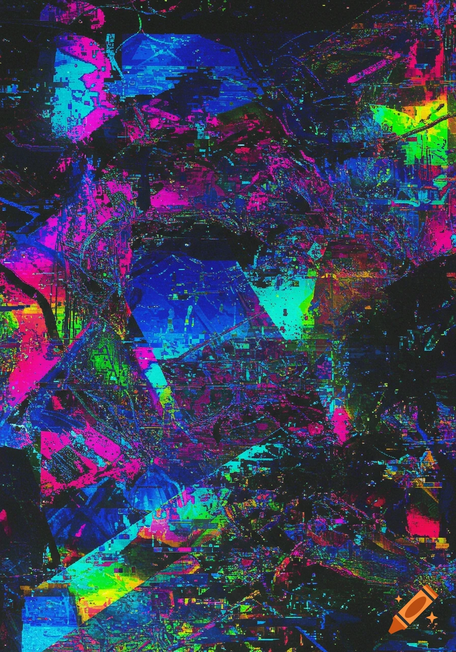 Abstract glitch art featuring vibrant neon pink, blue, green, and yellow angular shapes and pixelation on a dark background.