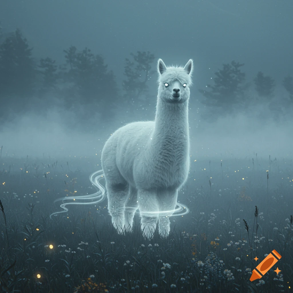 A ghostly white alpaca with glowing eyes and an ethereal aura stands in a misty, dark field with sparkling lights and silhouetted trees.
