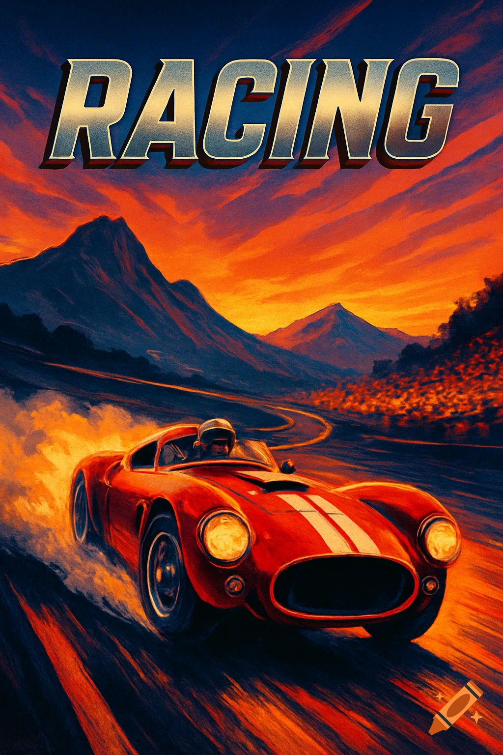 Vintage style poster of a red race car speeding on a mountain track at sunset, with the word RACING at the top.