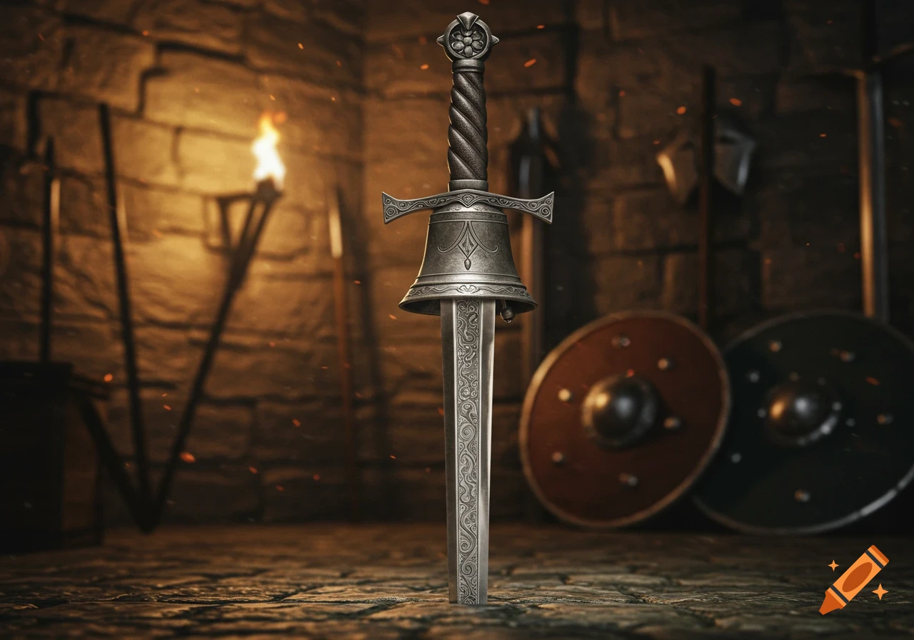 An ornate medieval sword stands upright on a stone floor in a dimly lit, torch-lit armory, with shields in the background. Photorealistic style.