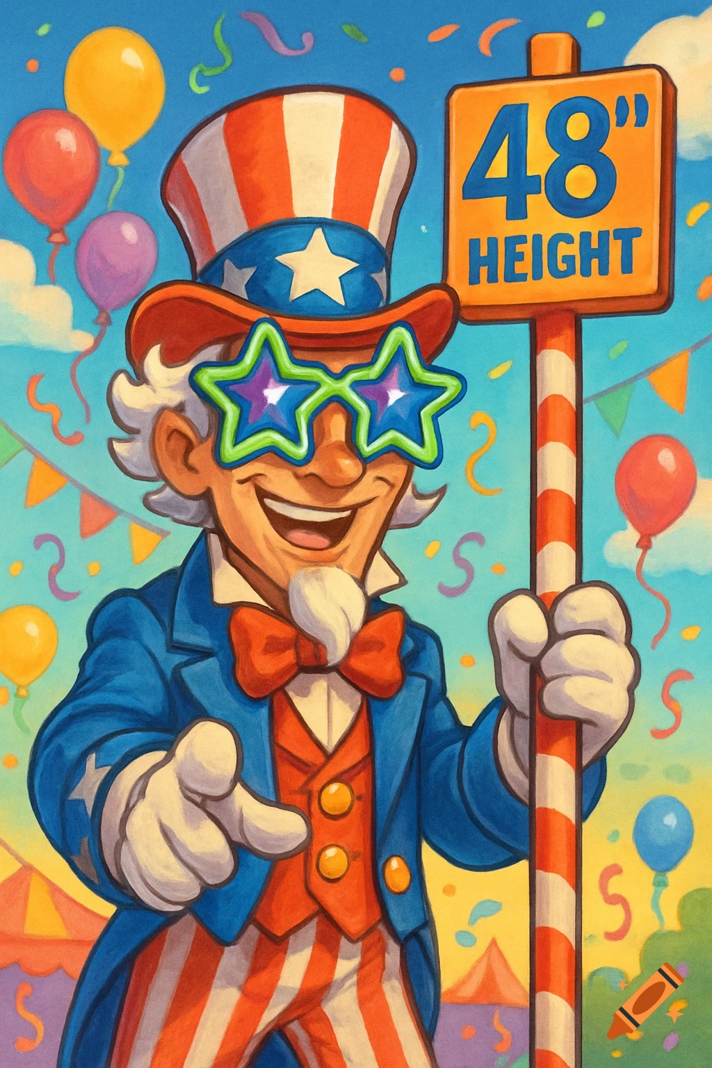 A cartoon Uncle Sam in star glasses and patriotic attire points forward, holding a '48" HEIGHT' sign amidst balloons and confetti.