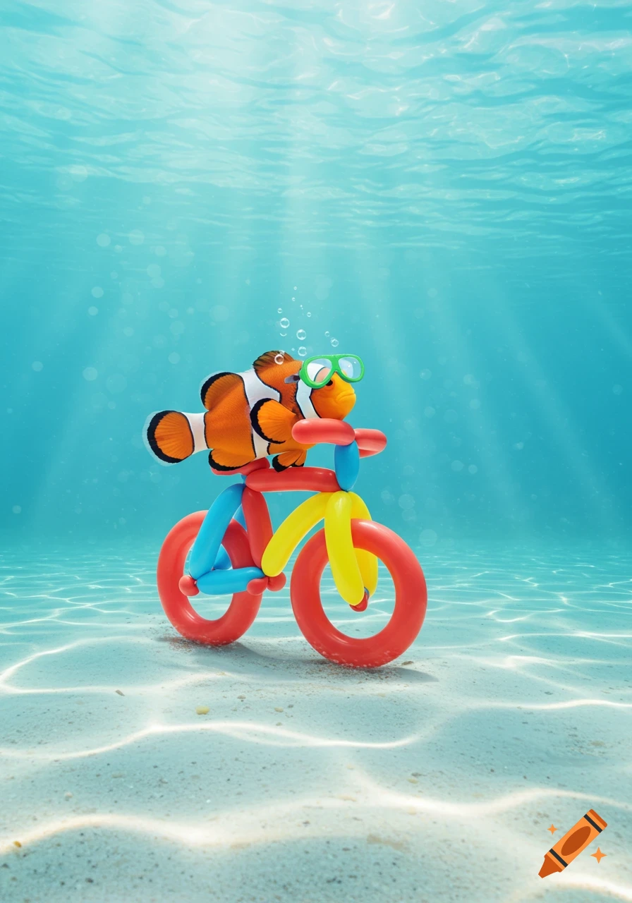 A clownfish wearing green goggles rides a colorful balloon bicycle on the sandy ocean floor under sunlit turquoise water.