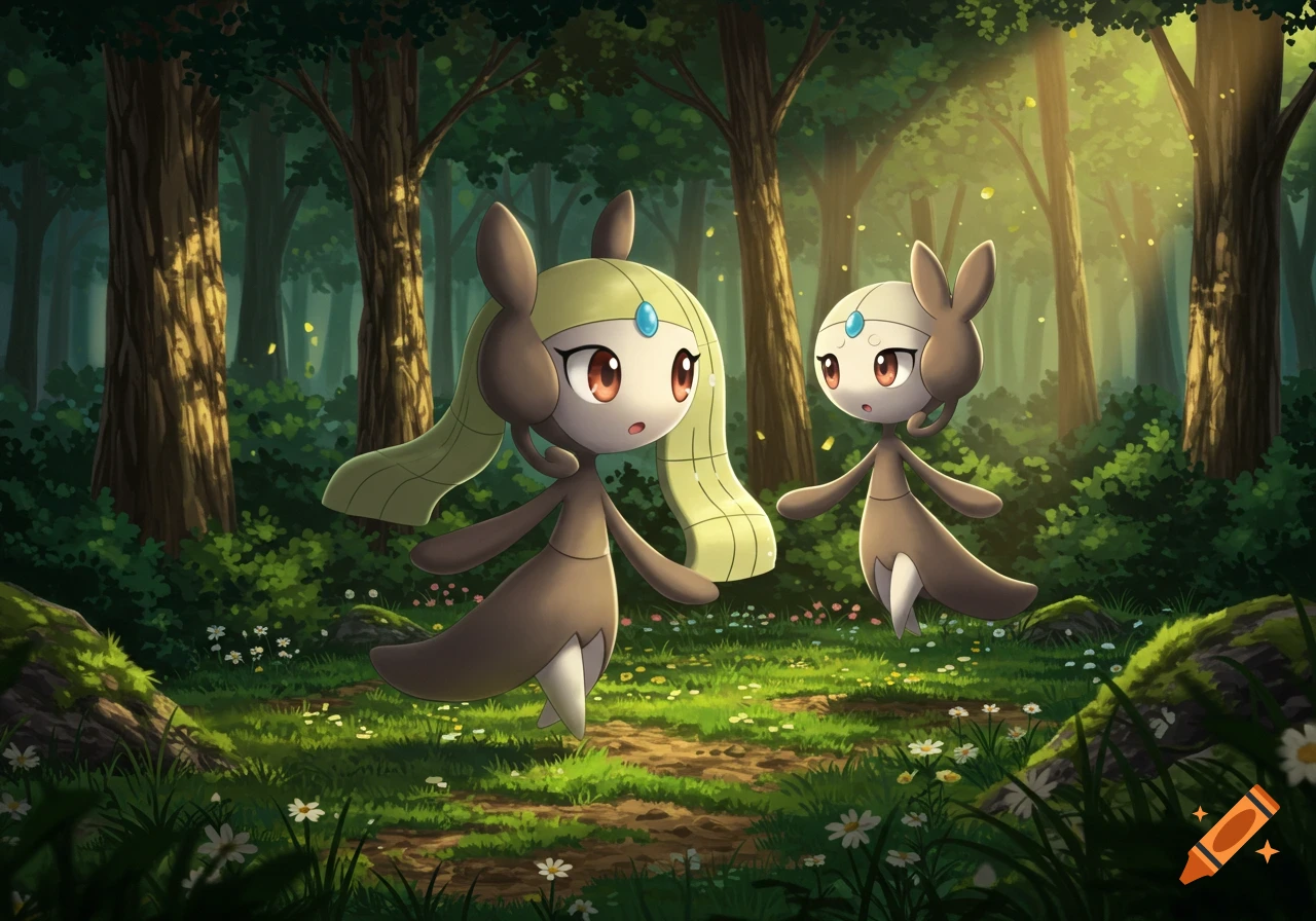 Two anime-style Meloetta Pokemon characters, one with brown eyes, stand in a sunlit forest clearing among wildflowers.