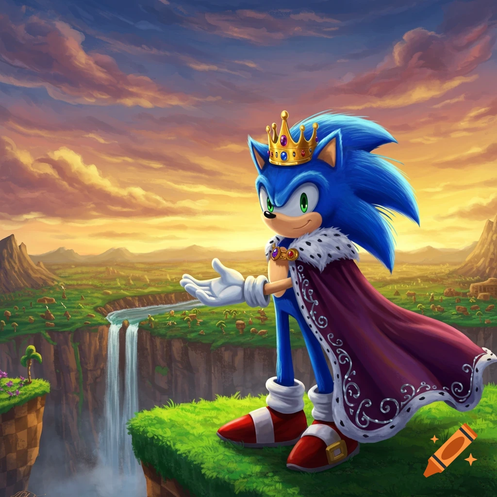 King Sonic stands on a cliff edge, gesturing over a lush landscape with a waterfall at sunset.