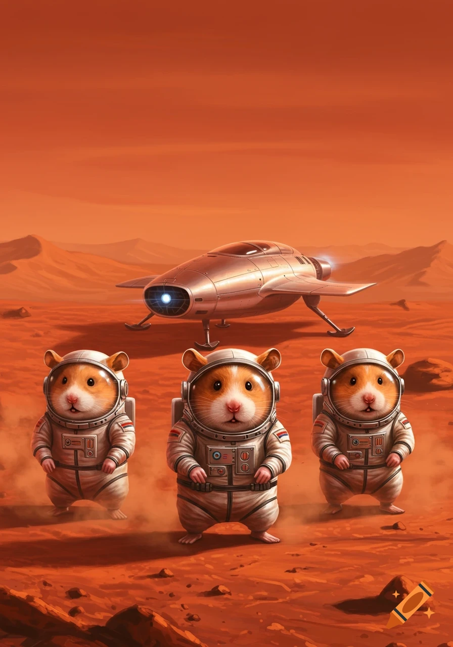 Three adorable hamsters in astronaut suits stand on the red Martian surface in front of their sleek spaceship under an orange sky.